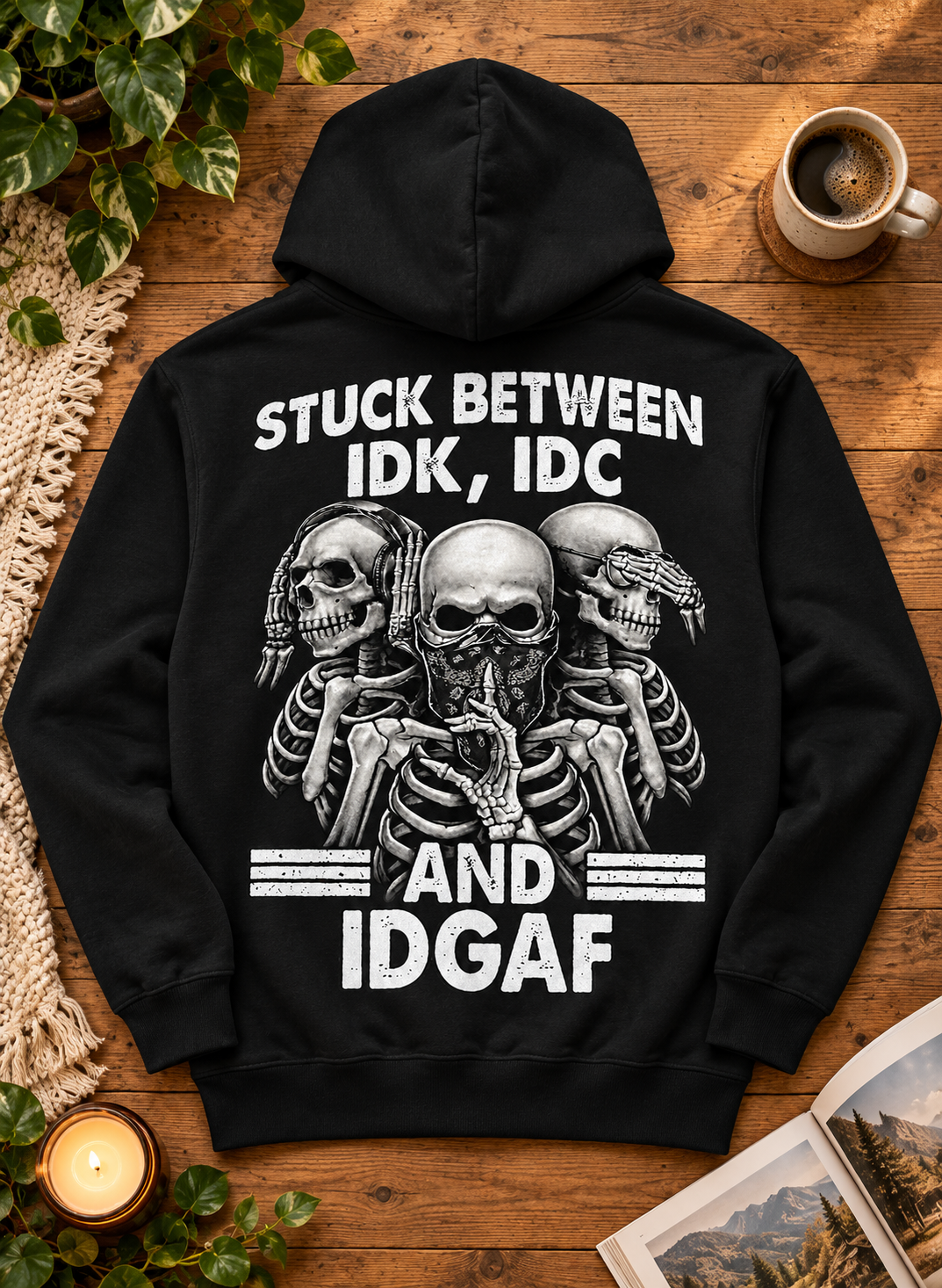Stuck Between IDK IDC & IDGAF Skeleton Hoodie