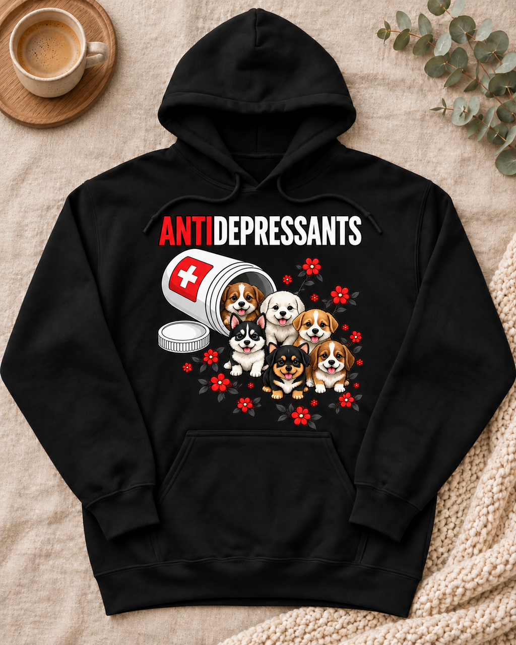 Antidepressants Dog Lover black hoodie front mockup