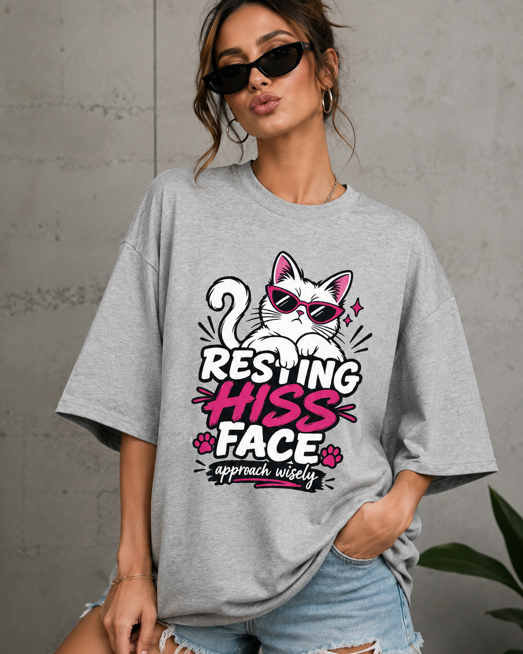 Resting Hiss Face Cat Lover Oversized Graphic T-Shirt