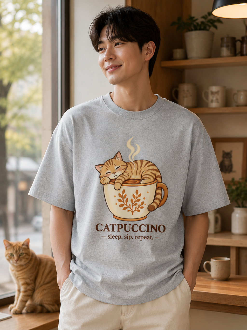 Catpuccino Cat Lover Oversized Graphic T-Shirt