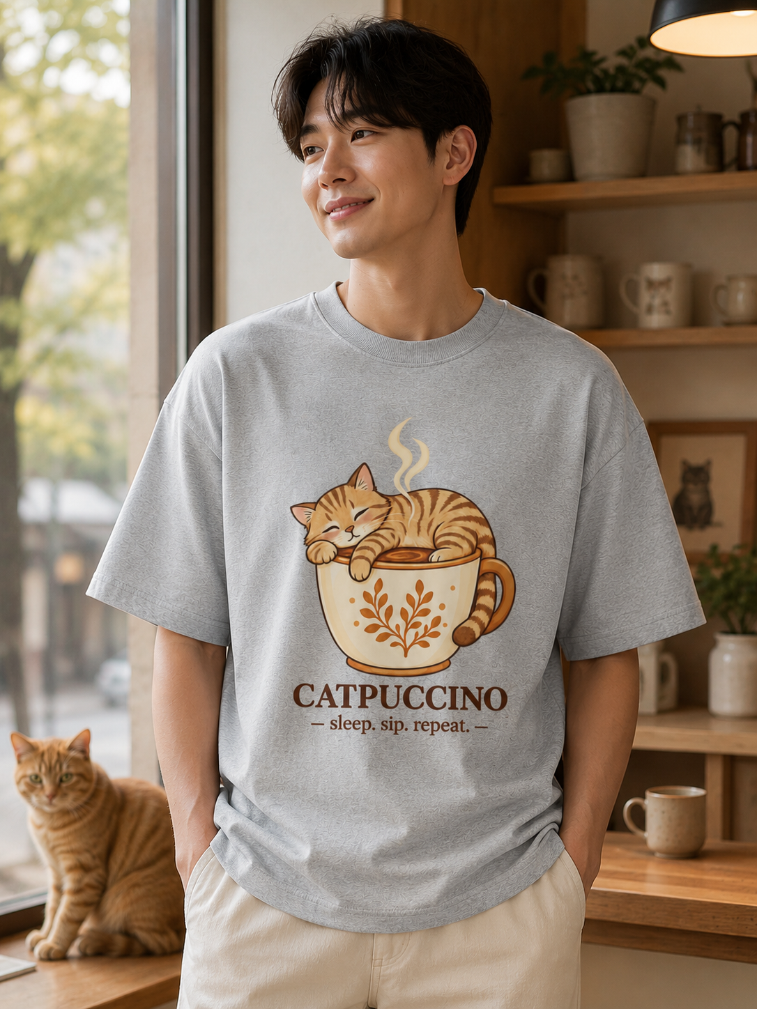 Catpuccino Cat Lover Oversized Graphic T-Shirt