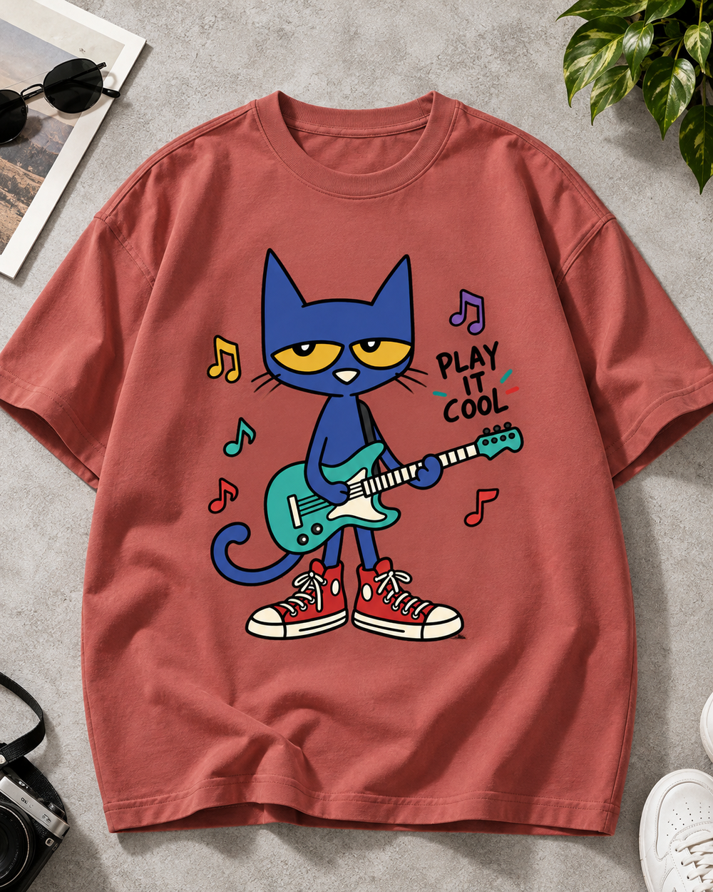 Play It Cool Cat Guitar Oversized Graphic T-Shirt