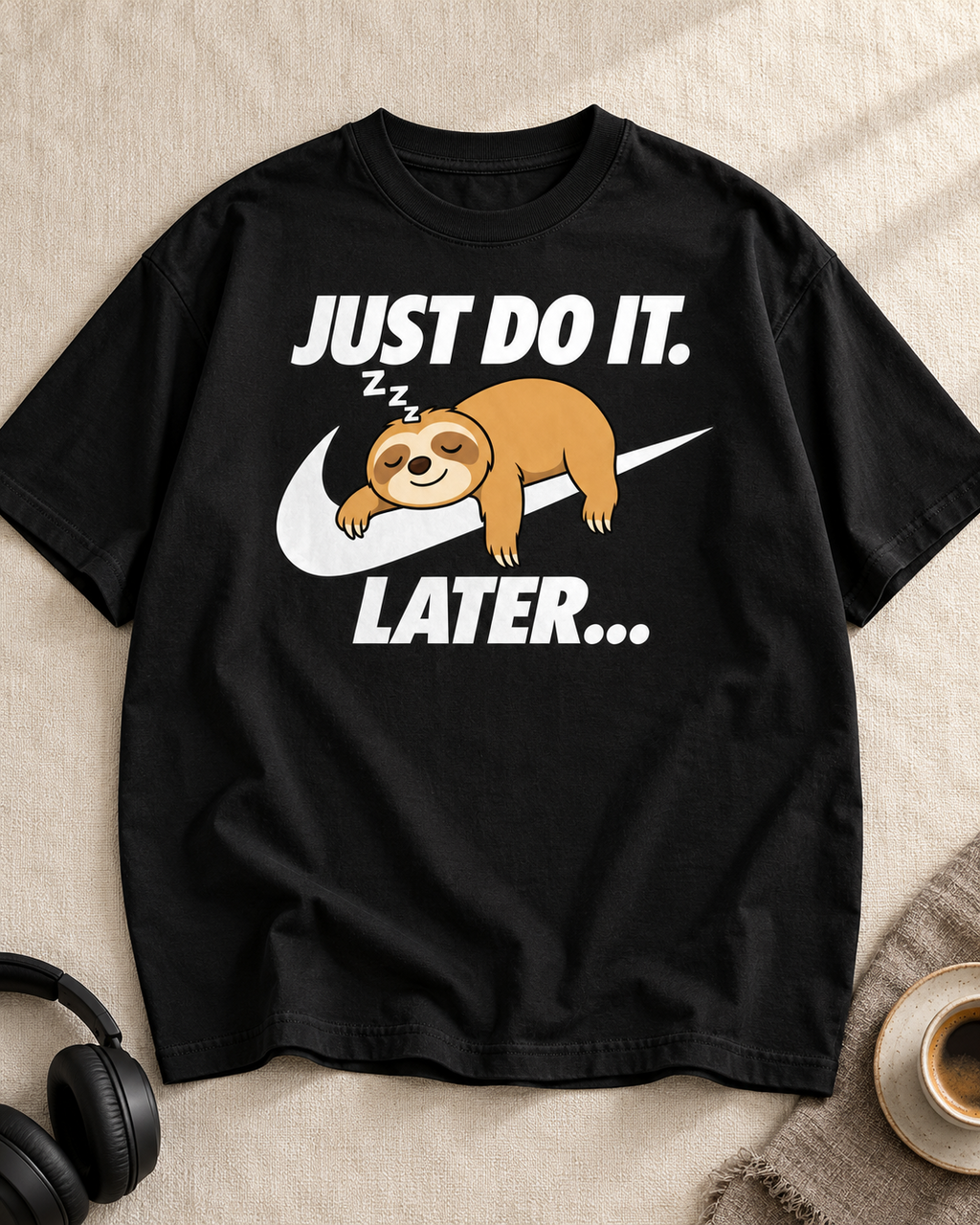 Lazy Sloth Do It Later black oversized graphic T-shirt