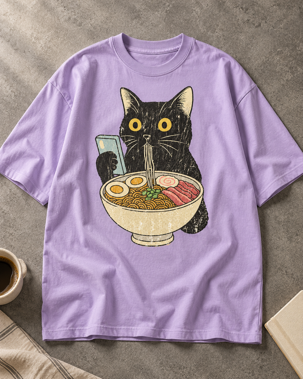 Ramen Cat Noodle Lover Oversized Graphic T-Shirt