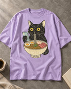 Ramen Cat Noodle Lover lavender oversized graphic T-shirt