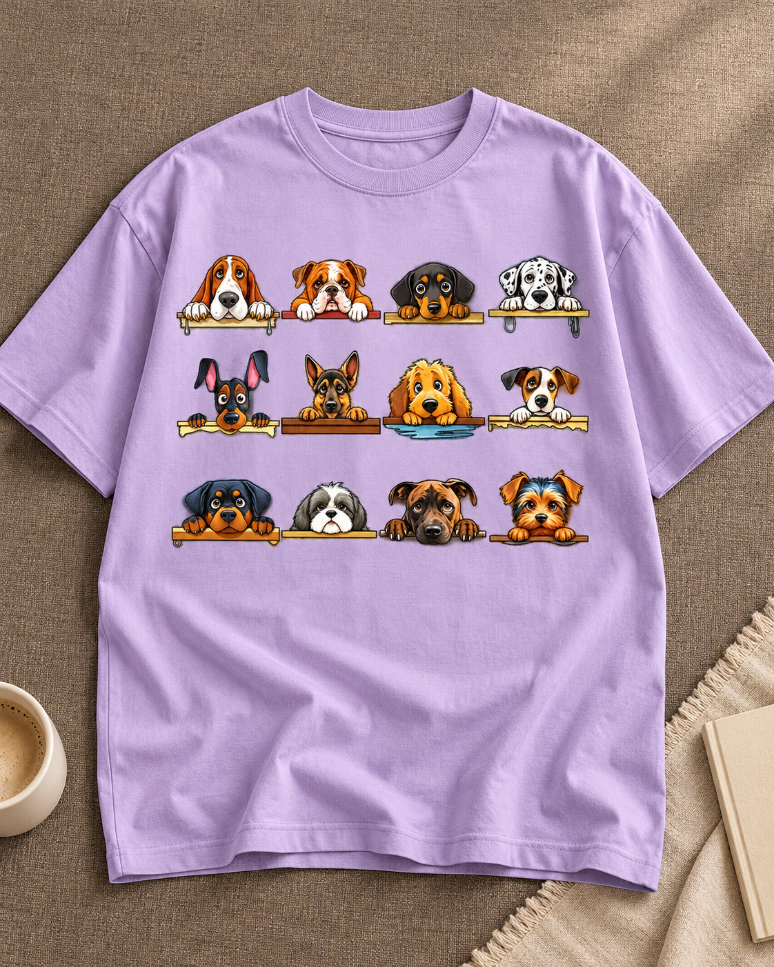 Dog Breeds Shelf lavender oversized graphic T-shirt