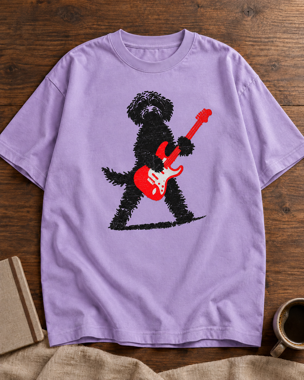 Rockstar Guitar Dog lavender oversized graphic T-shirt