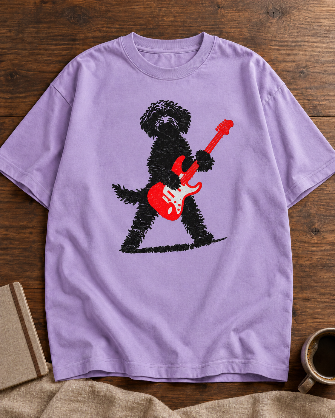 Rockstar Guitar Dog lavender oversized graphic T-shirt