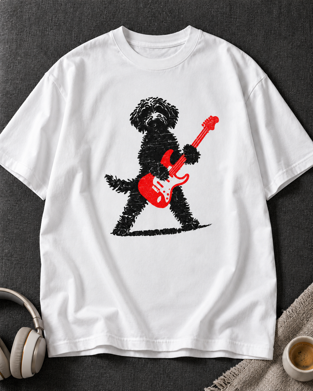 Rockstar Guitar Dog white oversized graphic T-shirt