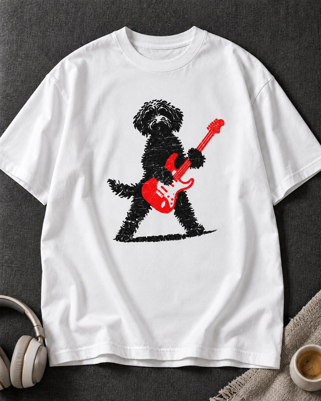 Rockstar Guitar Dog white oversized graphic T-shirt
