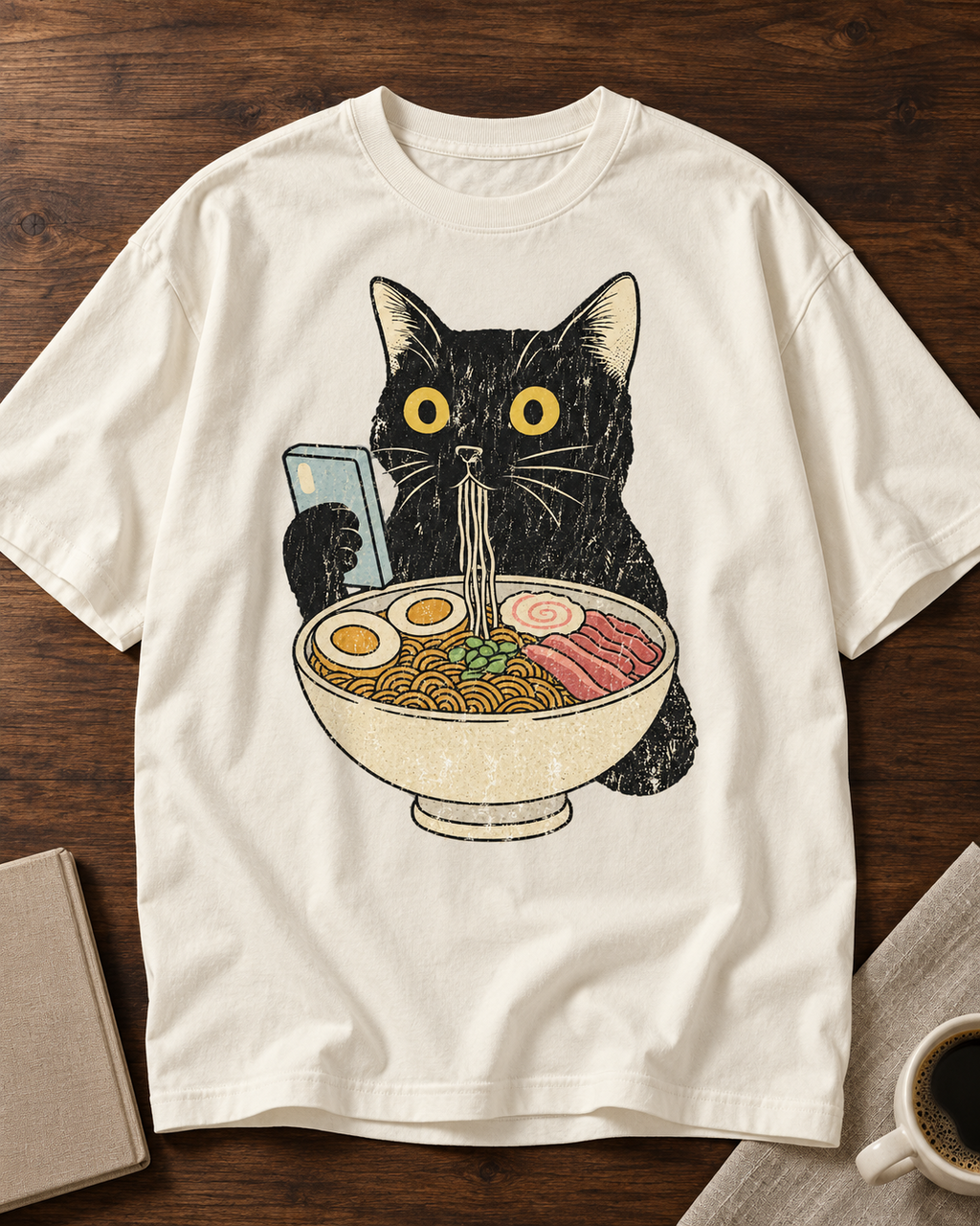 Ramen Cat Noodle Lover off white oversized graphic T-shirt