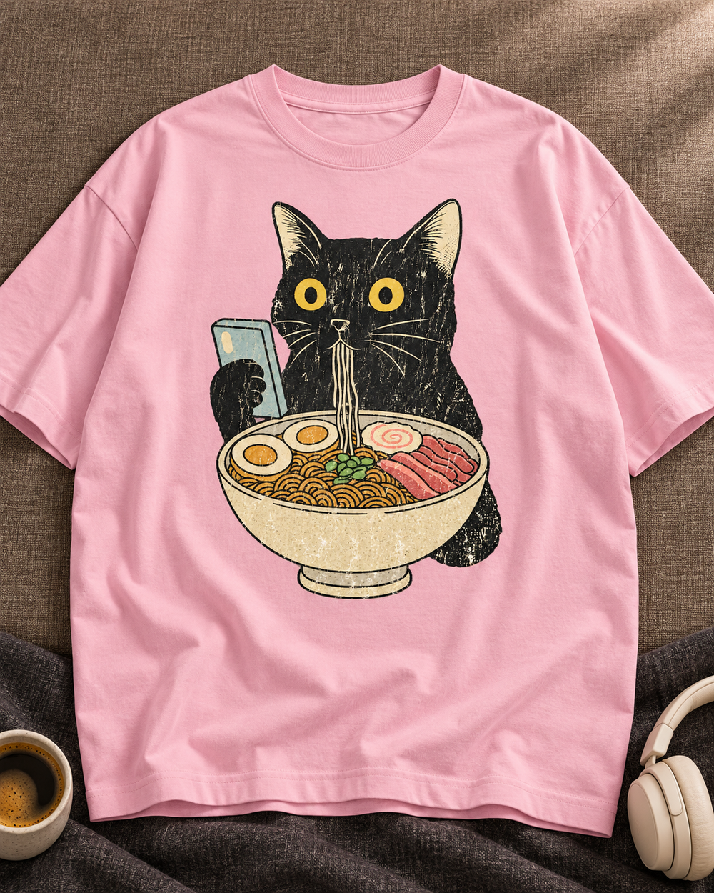 Ramen Cat Noodle Lover Oversized Graphic T-Shirt