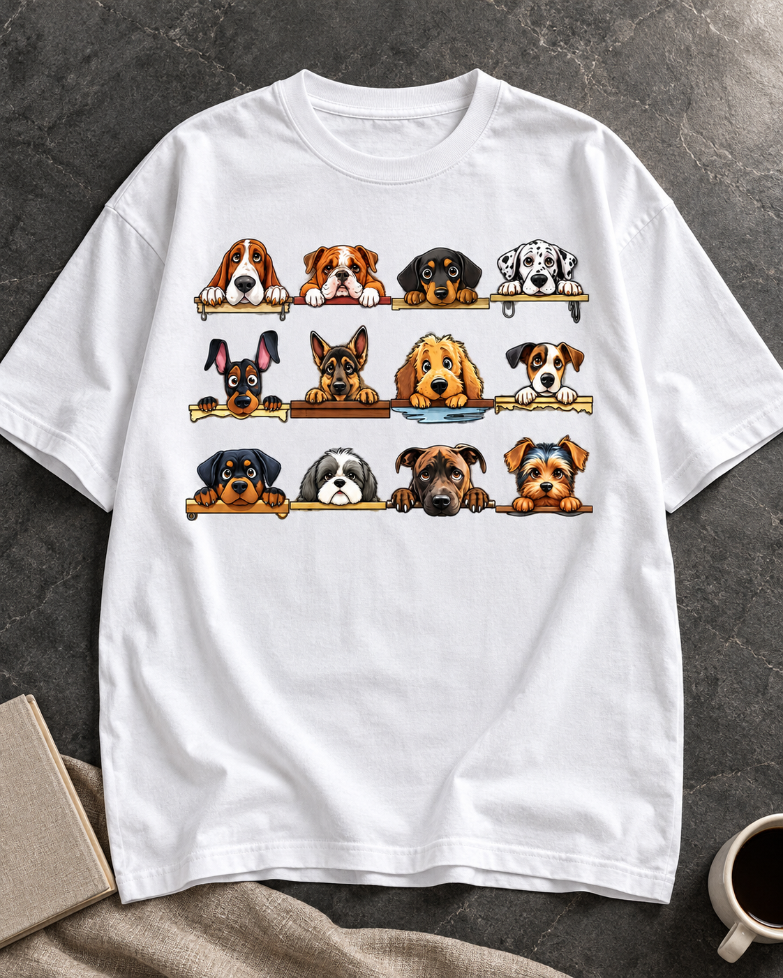 Dog Breeds Shelf white oversized graphic T-shirt