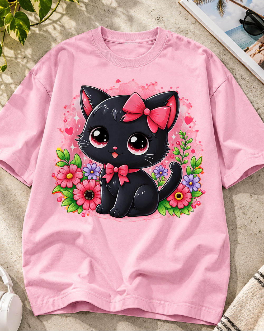 Black Cat Bow & Flowers Cat Lover Oversized Graphic T-Shirt