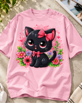 Black Cat Bow & Flowers Cat Lover Oversized Graphic T-Shirt