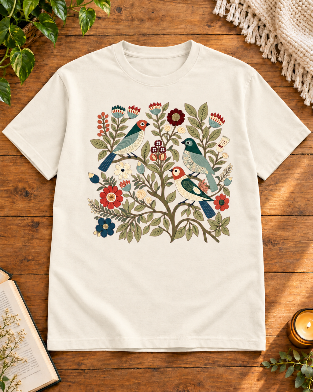 Botanical birds and flowers off white regular fit graphic T-shirt