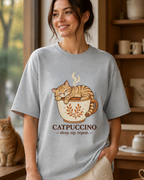 Model wearing Catpuccino cat lover oversized T-shirt in Grey Melange