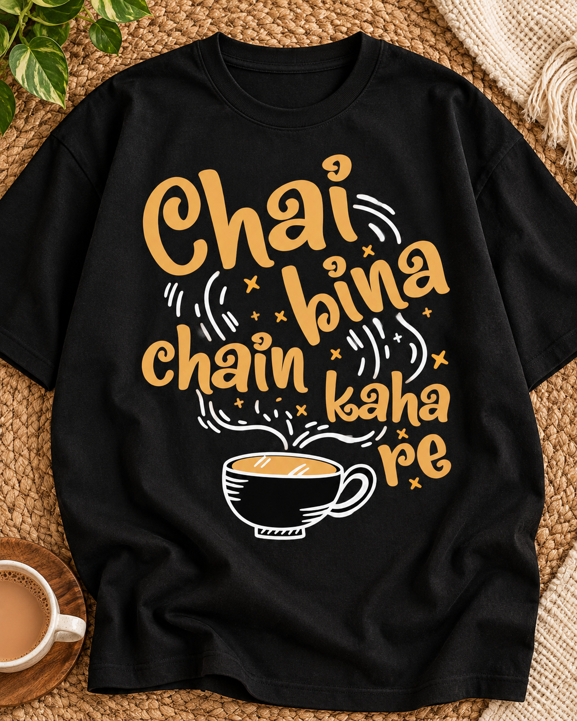 Chai Bina Chain Kaha Re black oversized graphic T-shirt