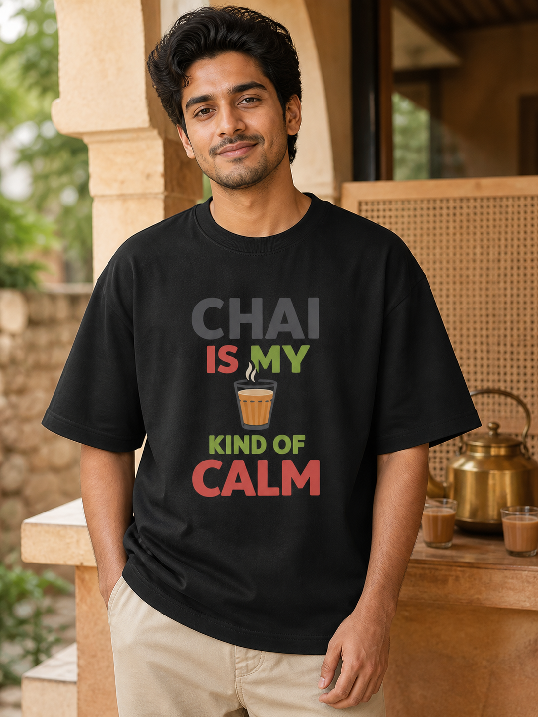 Model wearing Chai Is My Kind of Calm oversized T-shirt in Black