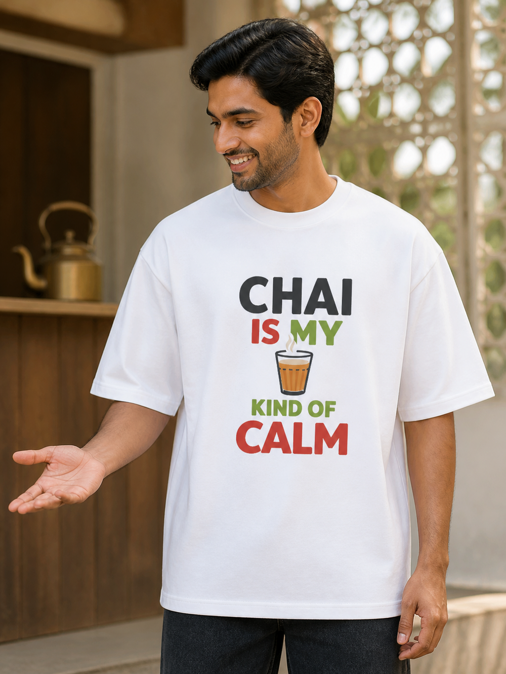 Model wearing Chai Is My Kind of Calm oversized T-shirt in White