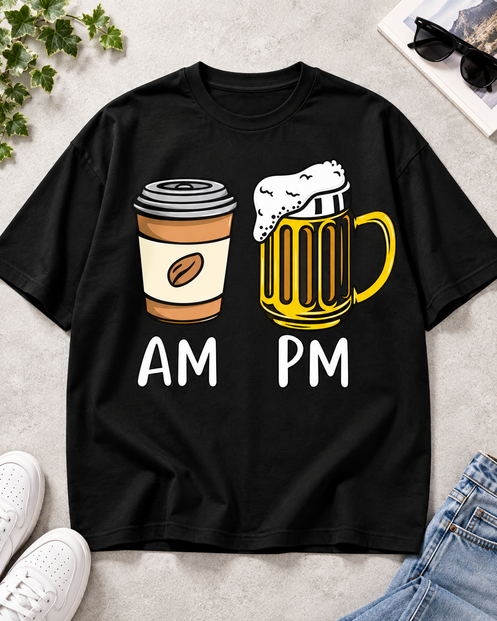 Coffee AM Beer PM Humor Oversized Graphic T-Shirt