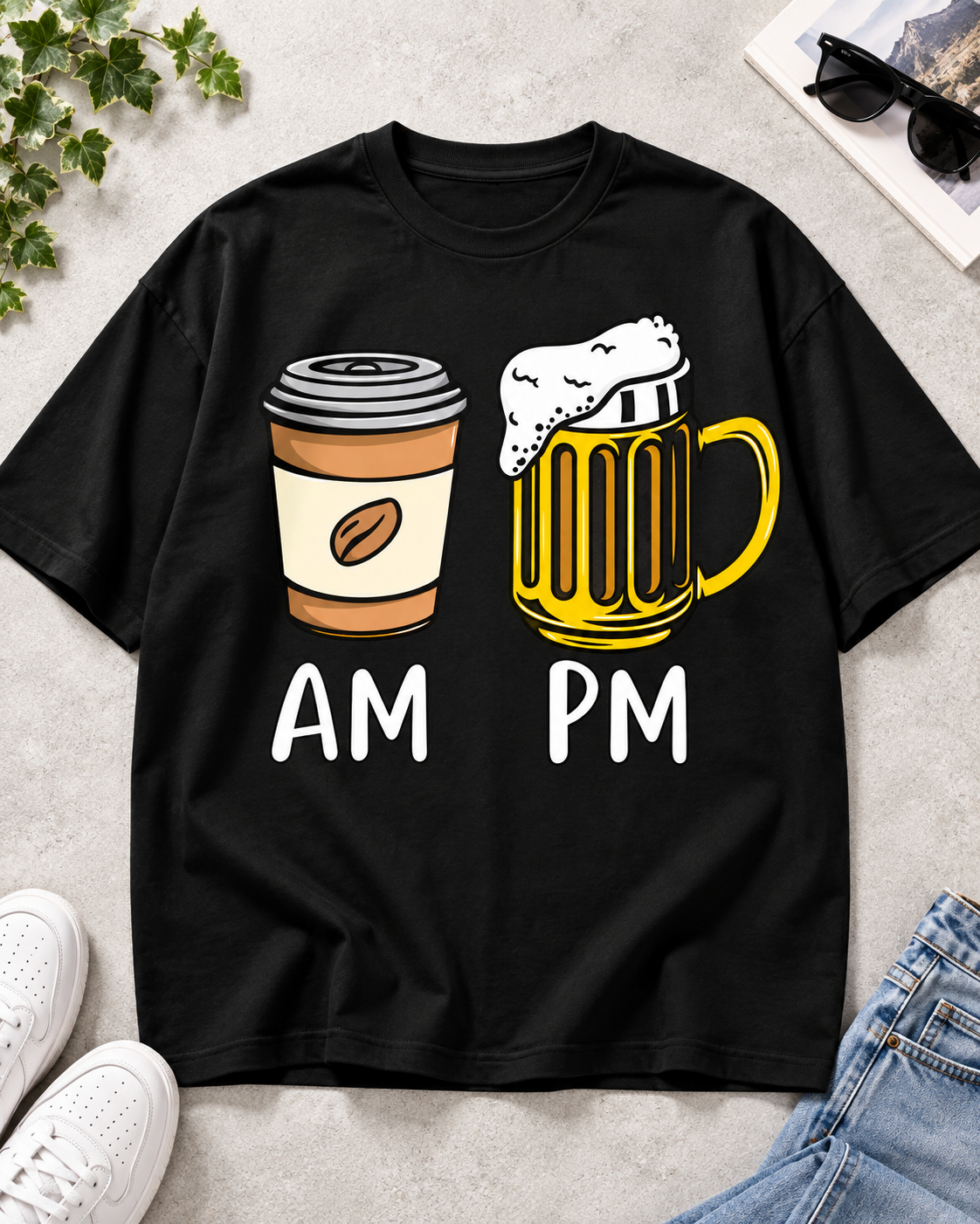 Coffee AM Beer PM black oversized T-shirt