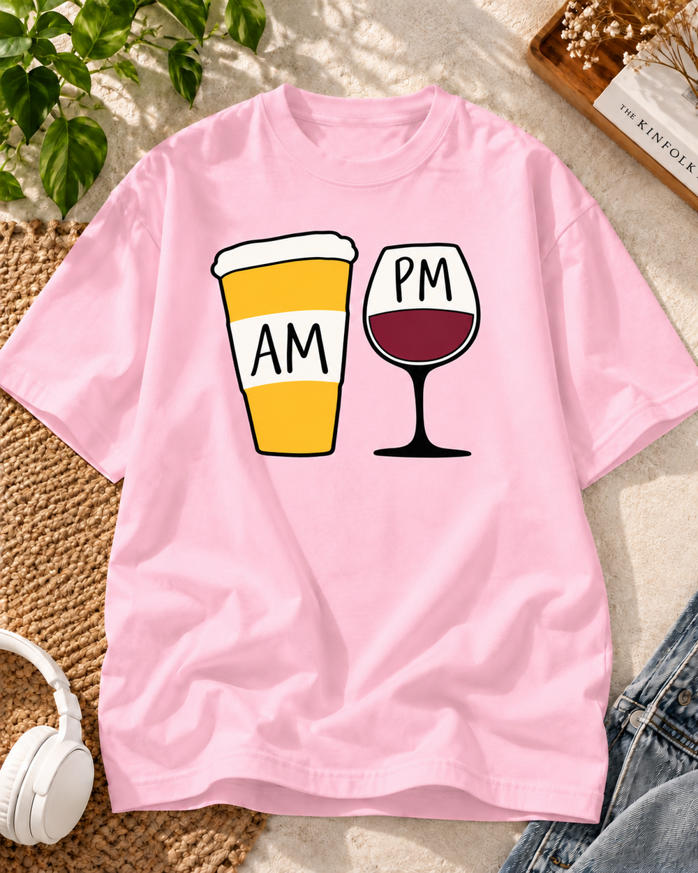 Coffee AM Wine PM Humor Oversized Graphic T-Shirt