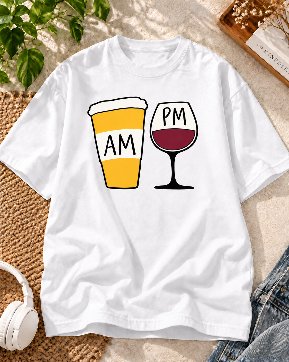 Coffee AM Wine PM white oversized T-shirt