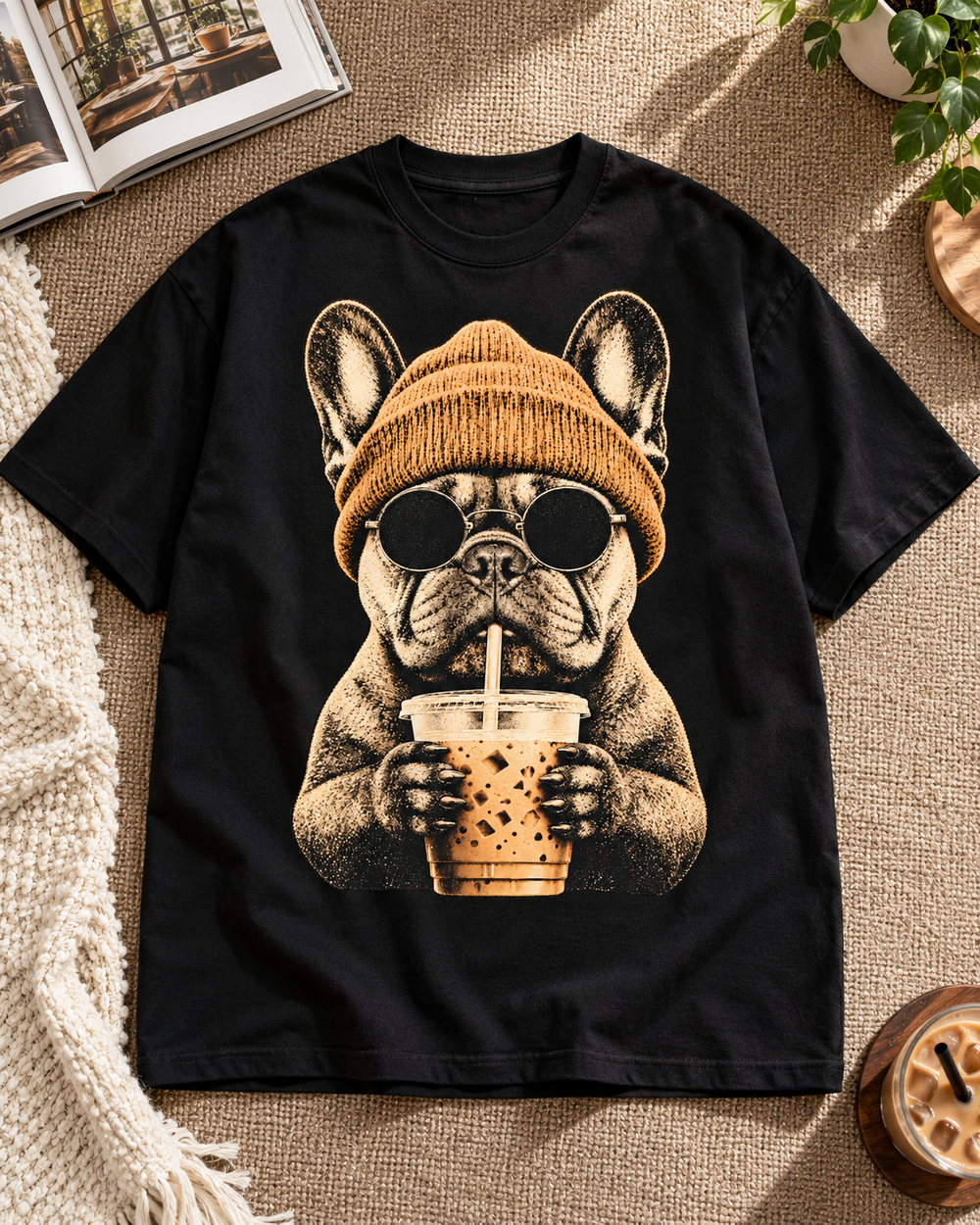 Coffee Bulldog Dog Lover Oversized Graphic T-Shirt