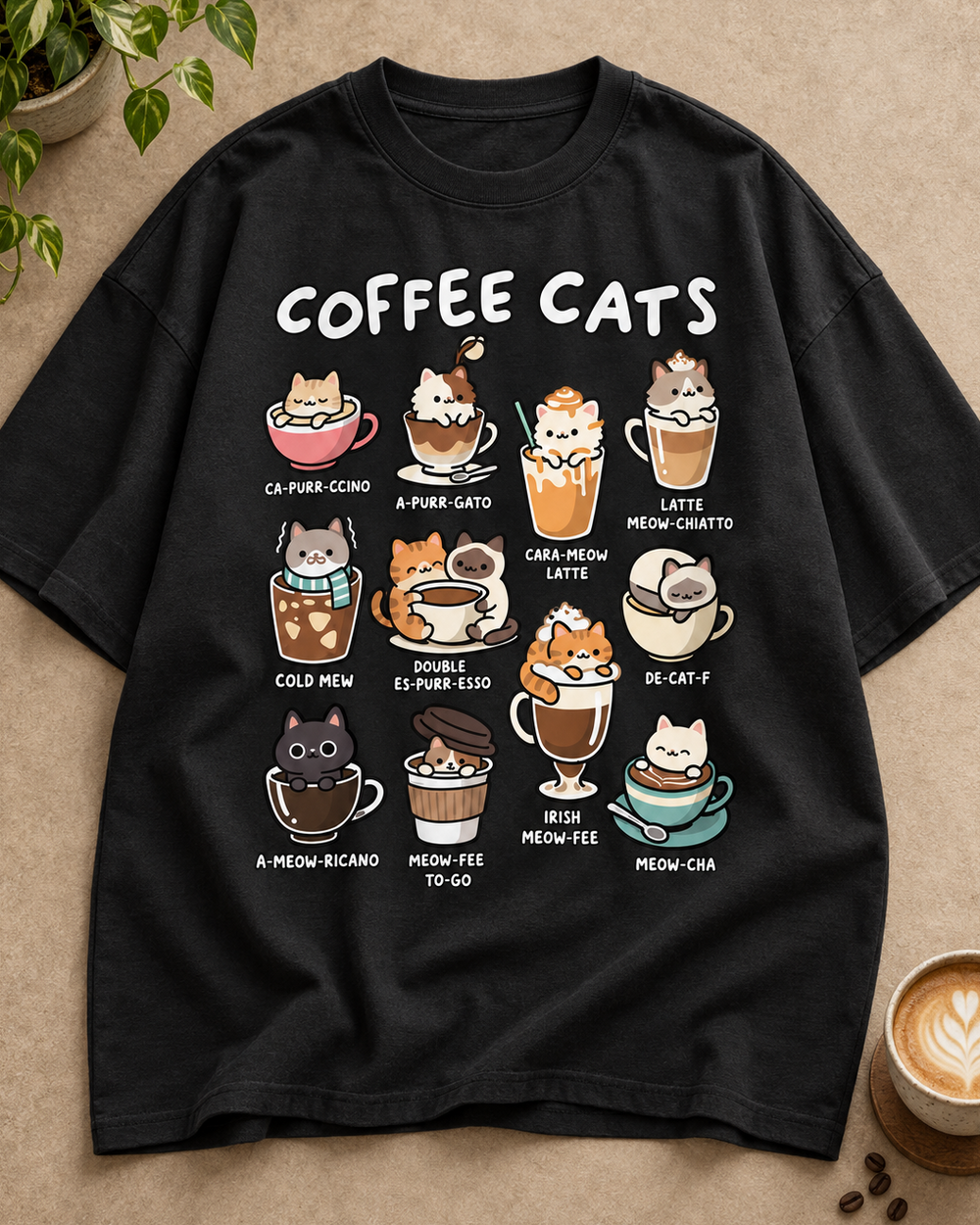 Coffee Cats Cat Lover Oversized Graphic T-Shirt