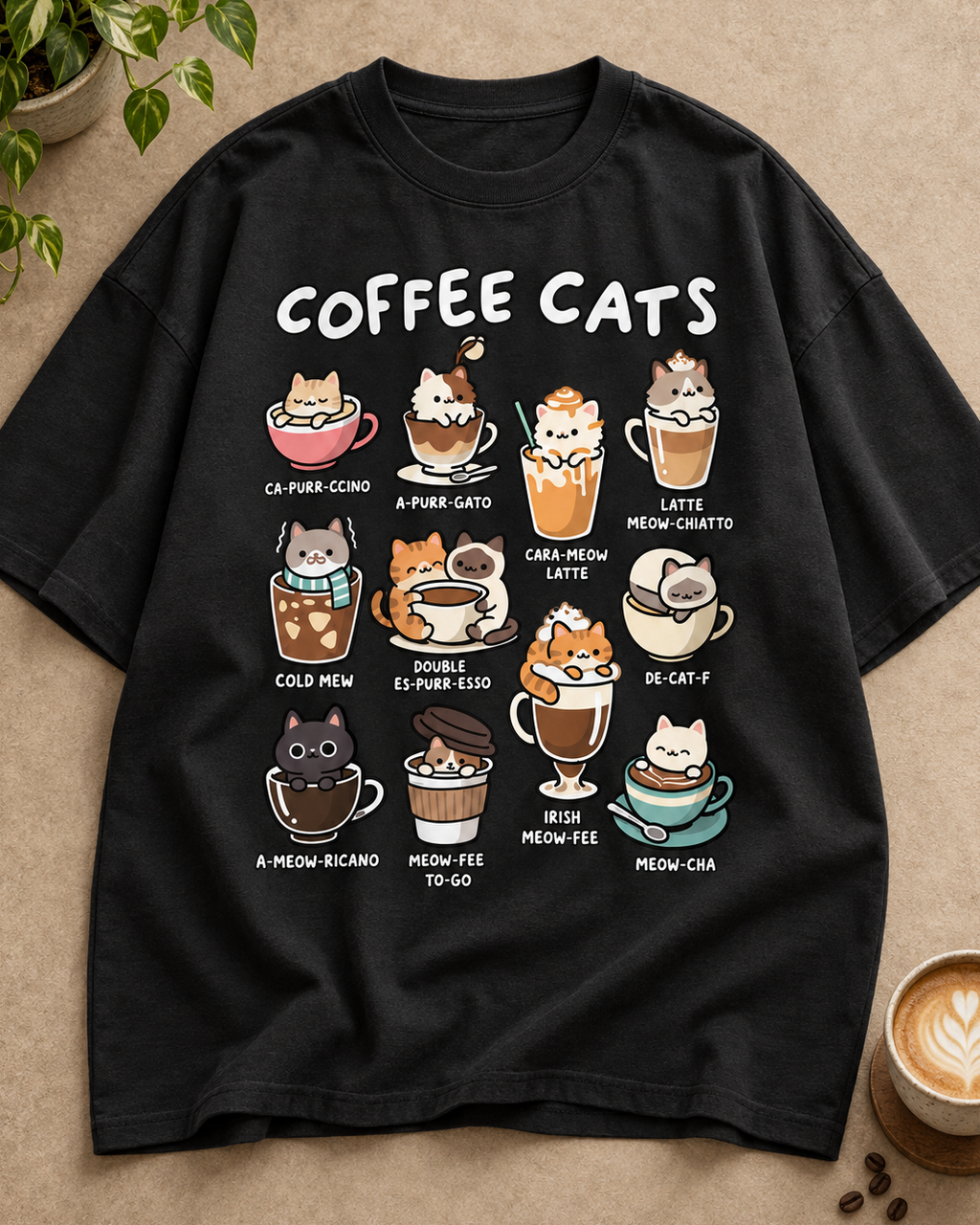Coffee Cats Cat Lover Oversized Graphic T-Shirt