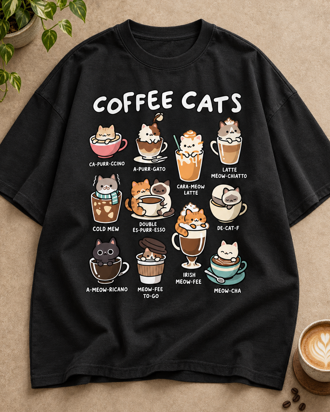 Coffee Cats Cat Lover Oversized Graphic T-Shirt
