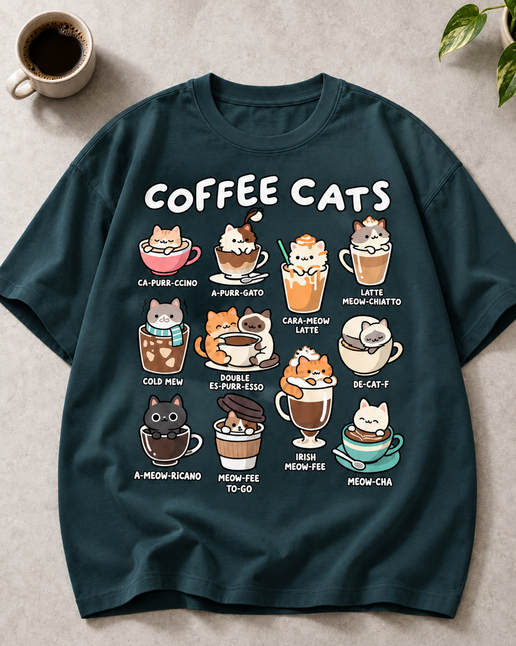 Coffee Cats Petrol Blue oversized T-shirt