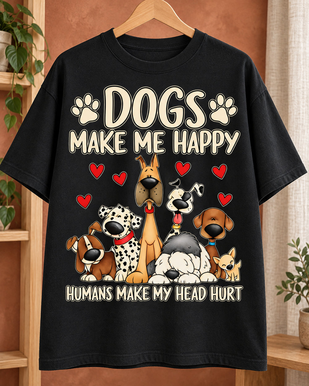 Dogs Make Me Happy Dog Lover Oversized Graphic T-Shirt