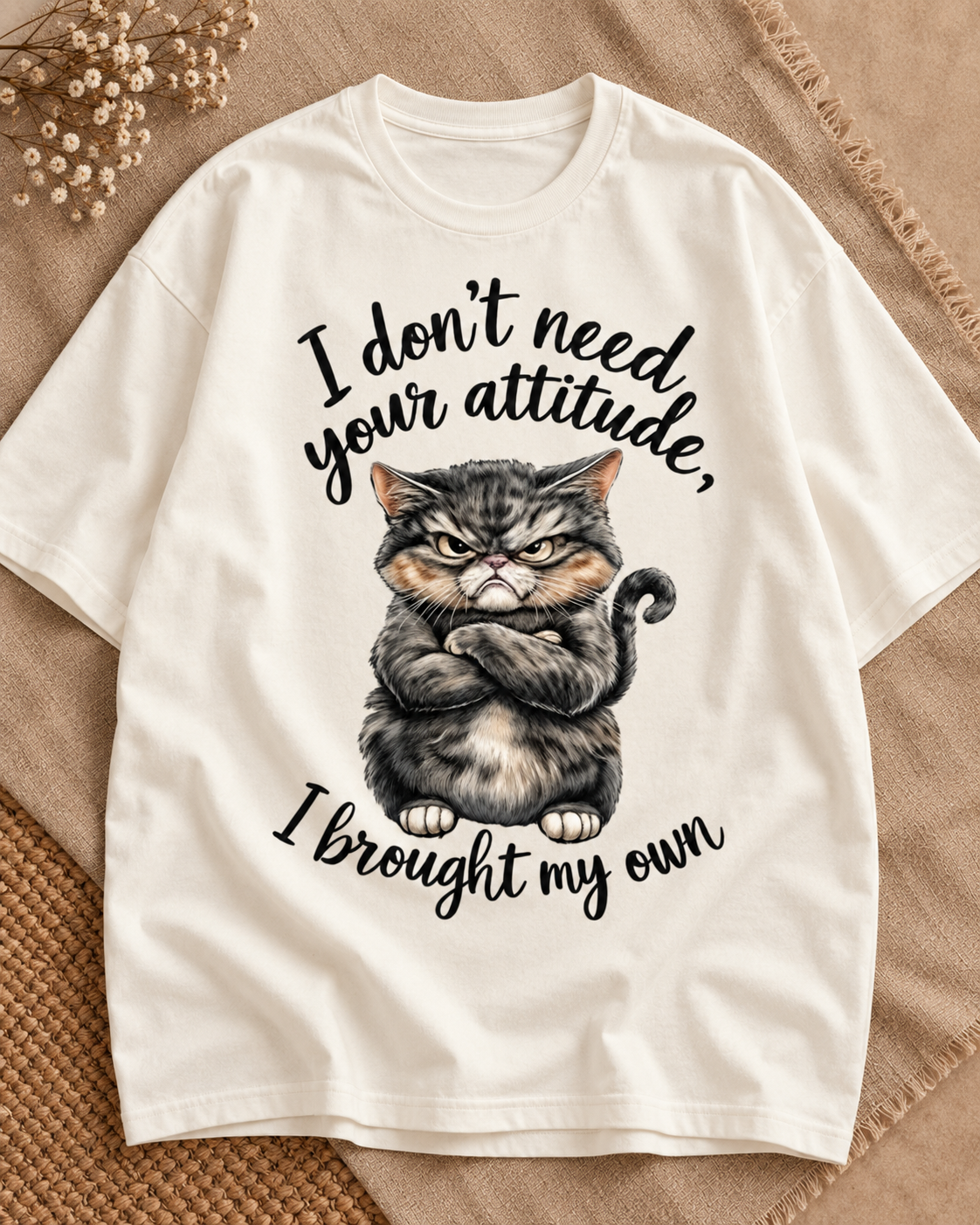 I Don't Need Your Attitude off-white cat graphic oversized T-shirt