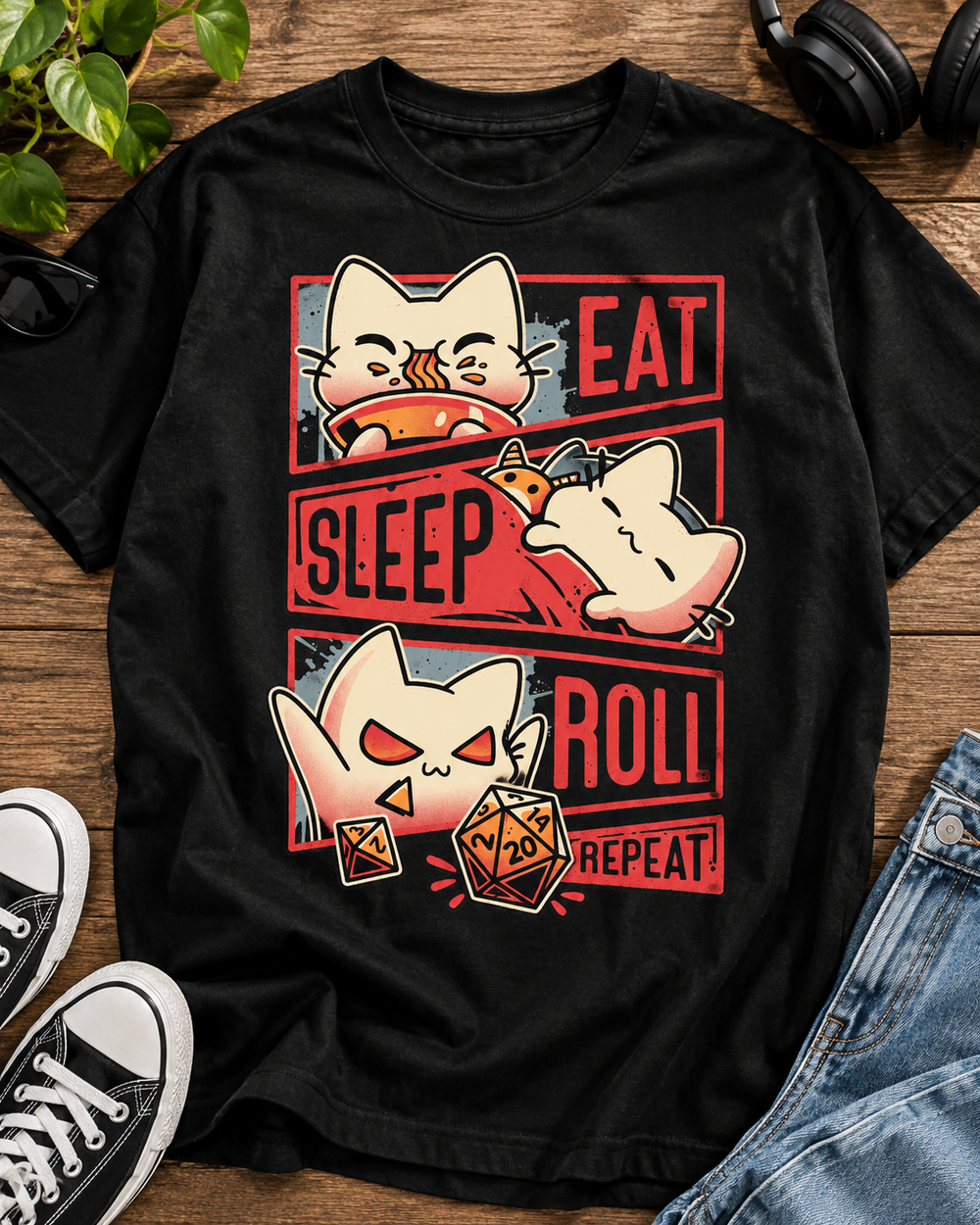 Eat Sleep Roll Repeat Cat Gamer Oversized Graphic T-Shirt