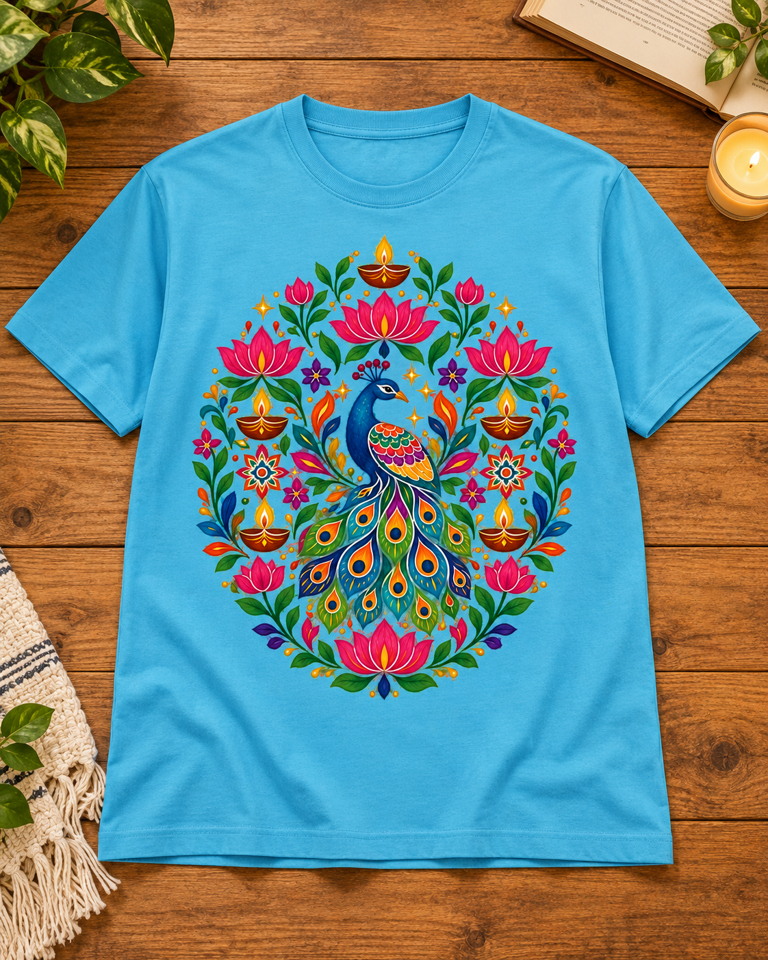 Festive peacock lotus diya baby blue regular fit graphic T-shirt