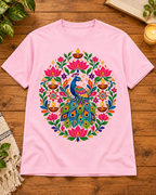 Festive peacock lotus diya baby pink regular fit graphic T-shirt