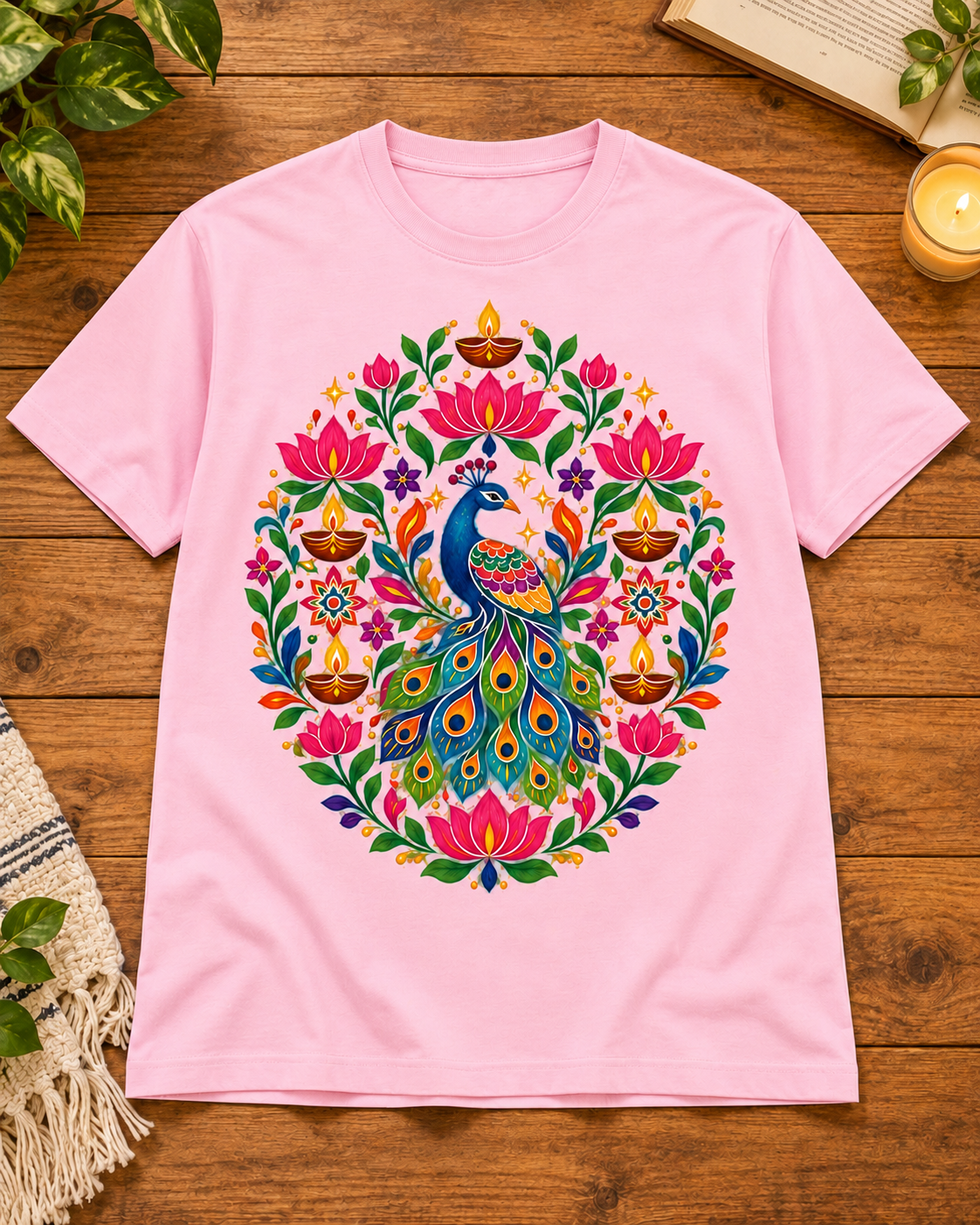 Festive peacock lotus diya baby pink regular fit graphic T-shirt