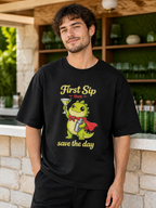 Model wearing First Sip Then Save the Day oversized T-shirt in Black