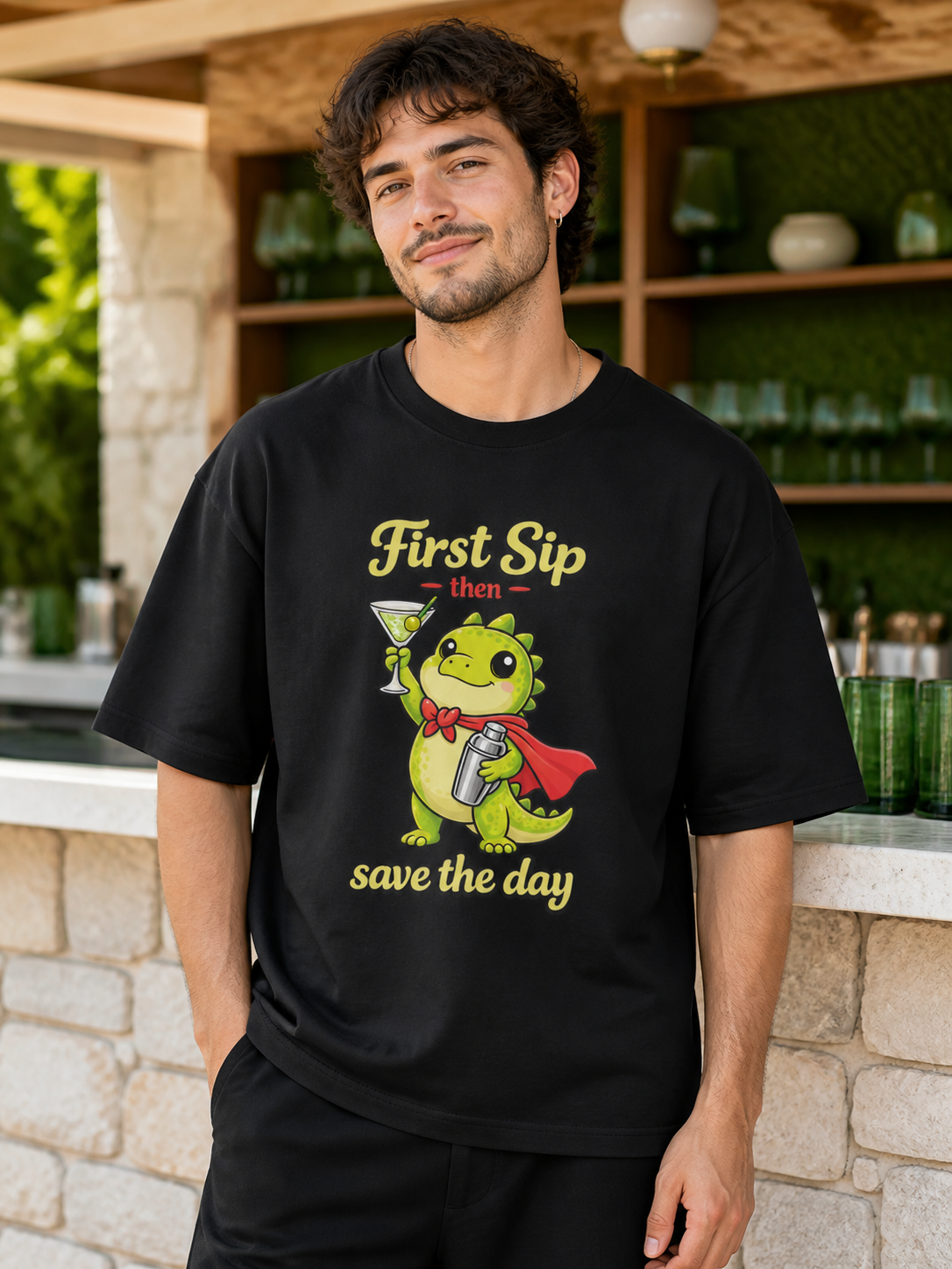 Model wearing First Sip Then Save the Day oversized T-shirt in Black