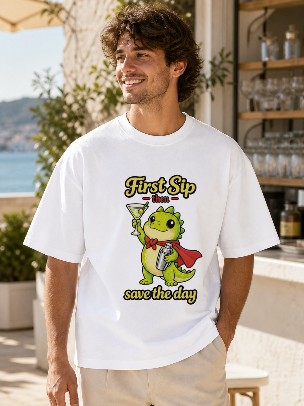 First Sip, Then Save the Day Oversized Graphic T-Shirt