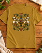 Mustard Yellow regular-fit crew T-shirt featuring Folk Art Dragonfly artwork