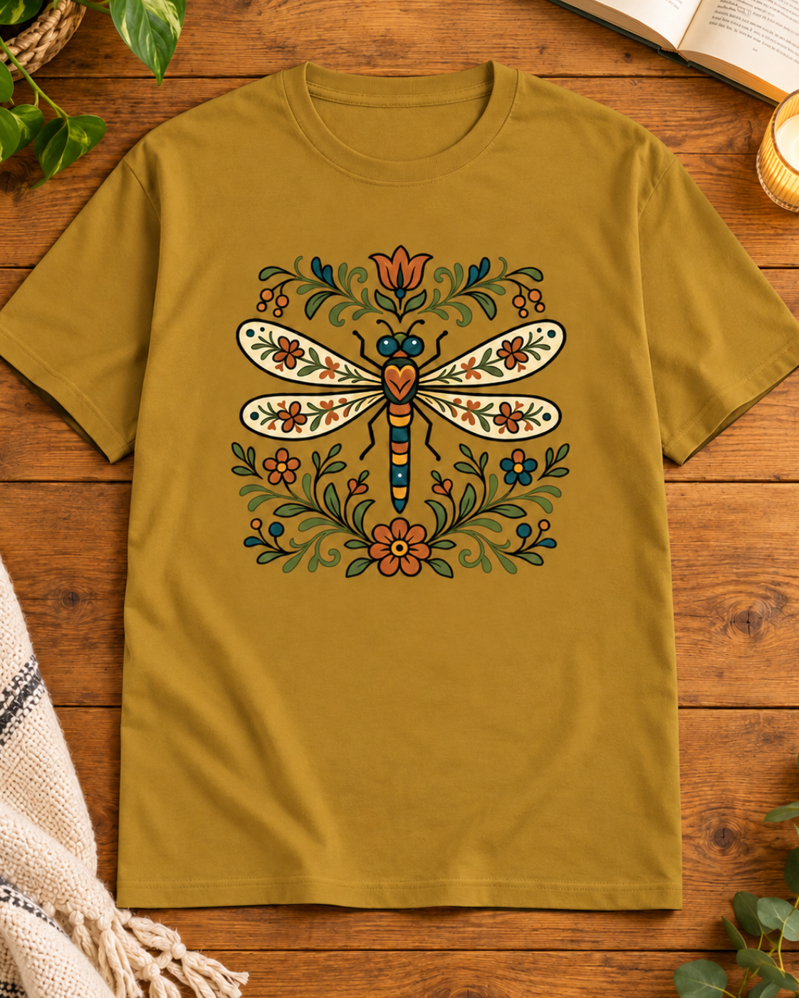 Mustard Yellow regular-fit crew T-shirt featuring Folk Art Dragonfly artwork