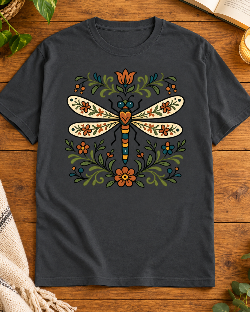 Steel Grey regular-fit crew T-shirt featuring Folk Art Dragonfly artwork