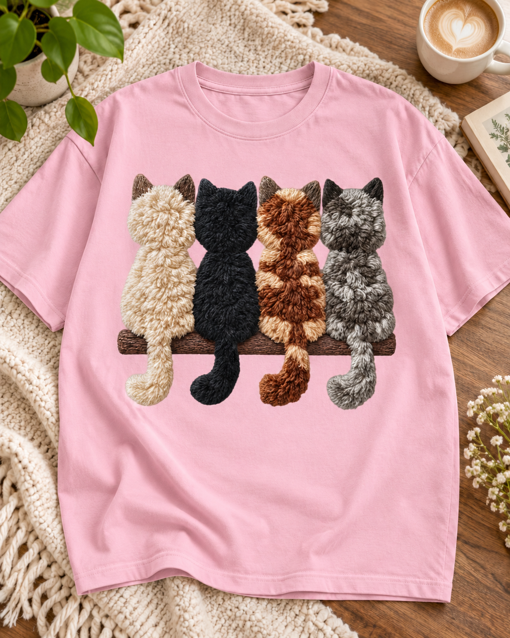 Four cats on a branch baby pink oversized T-shirt