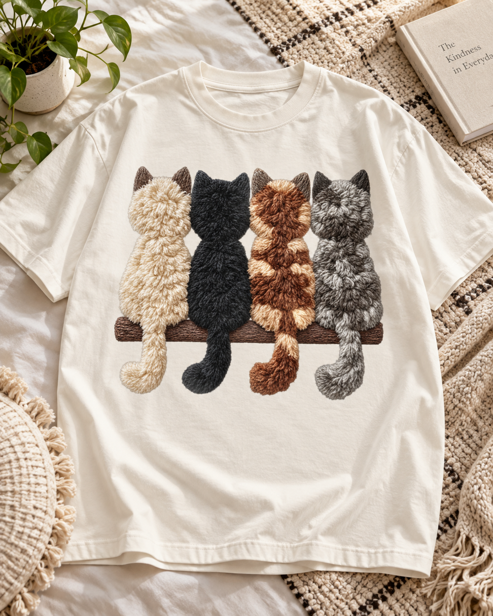 Four Cats on a Branch Cat Lover Oversized Graphic T-Shirt