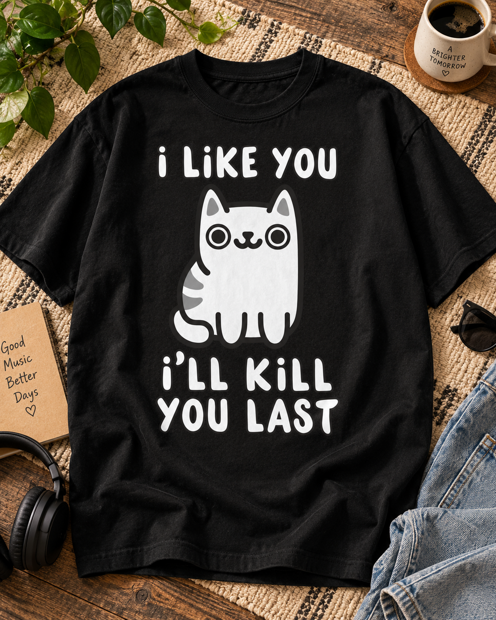 I Like You I'll Kill You Last Cat Lover Oversized Graphic T-Shirt