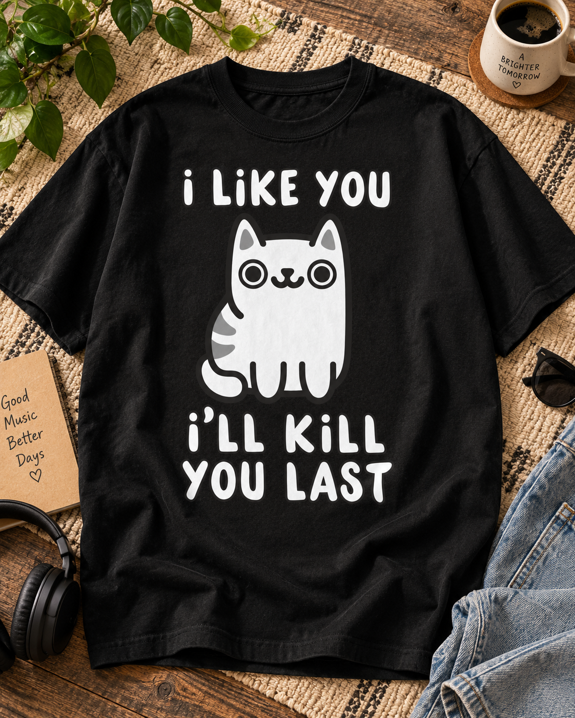 I Like You I'll Kill You Last black cat graphic oversized T-shirt