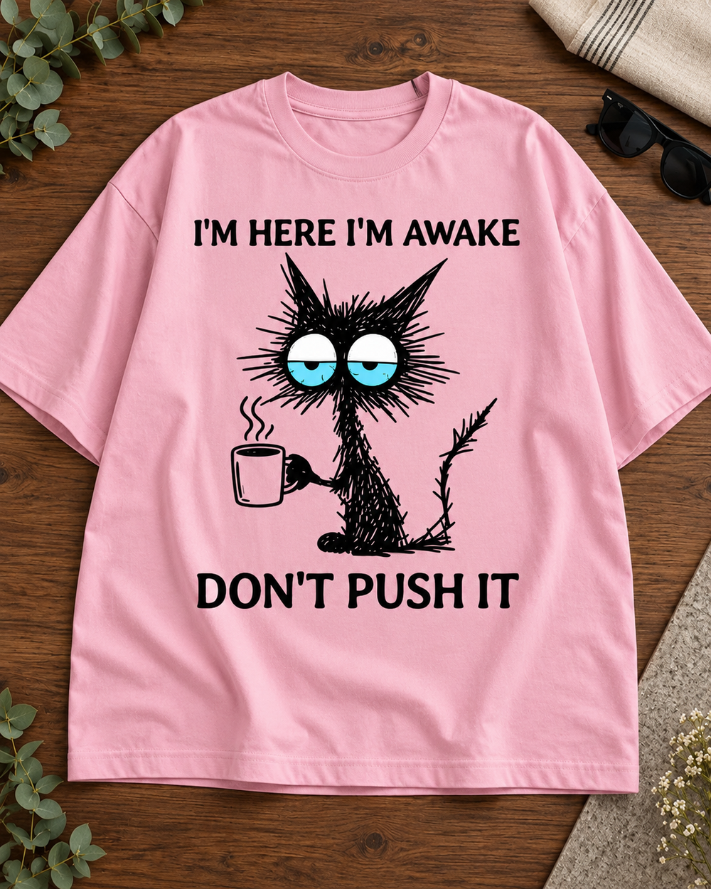I'm Here I'm Awake Don't Push It Cat Oversized Graphic T-Shirt